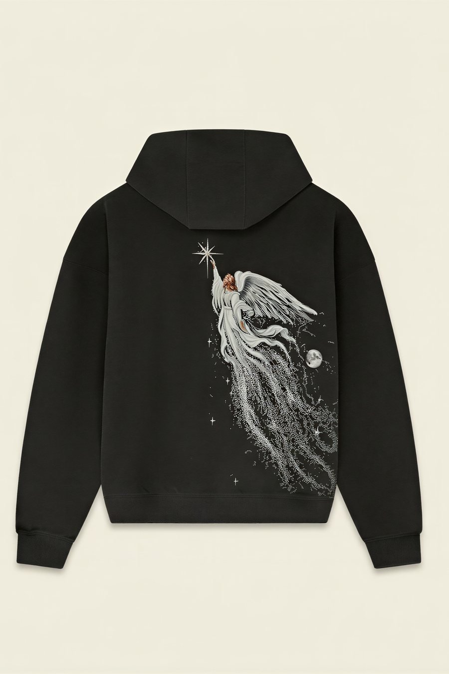 Celestial Hoodie, back view, with a large embroidered angel and a trail of stars across the full back