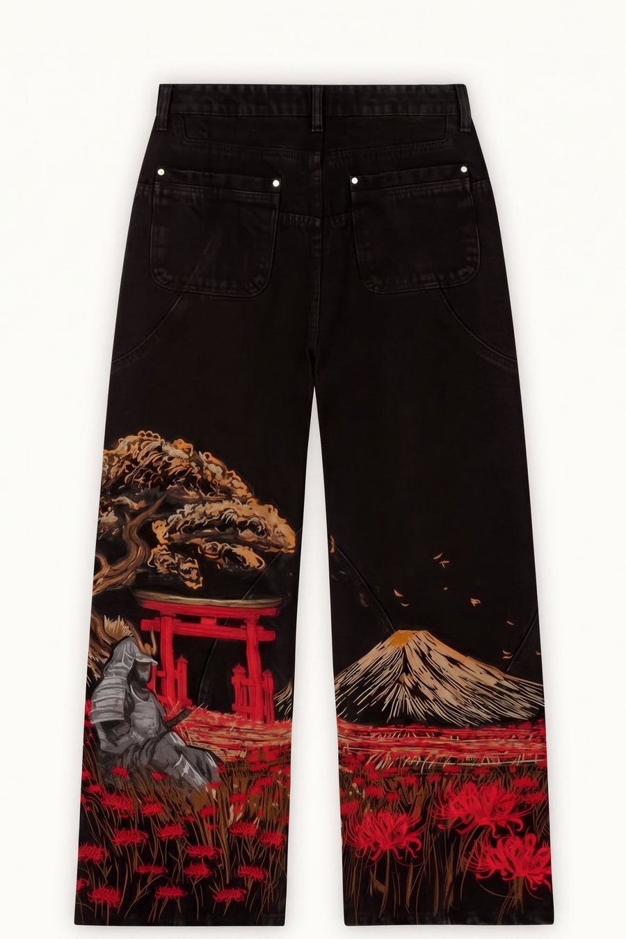 Torii Pants, back view, with an embroidered torii gate, mountain and spider lilies running the full length of the leg